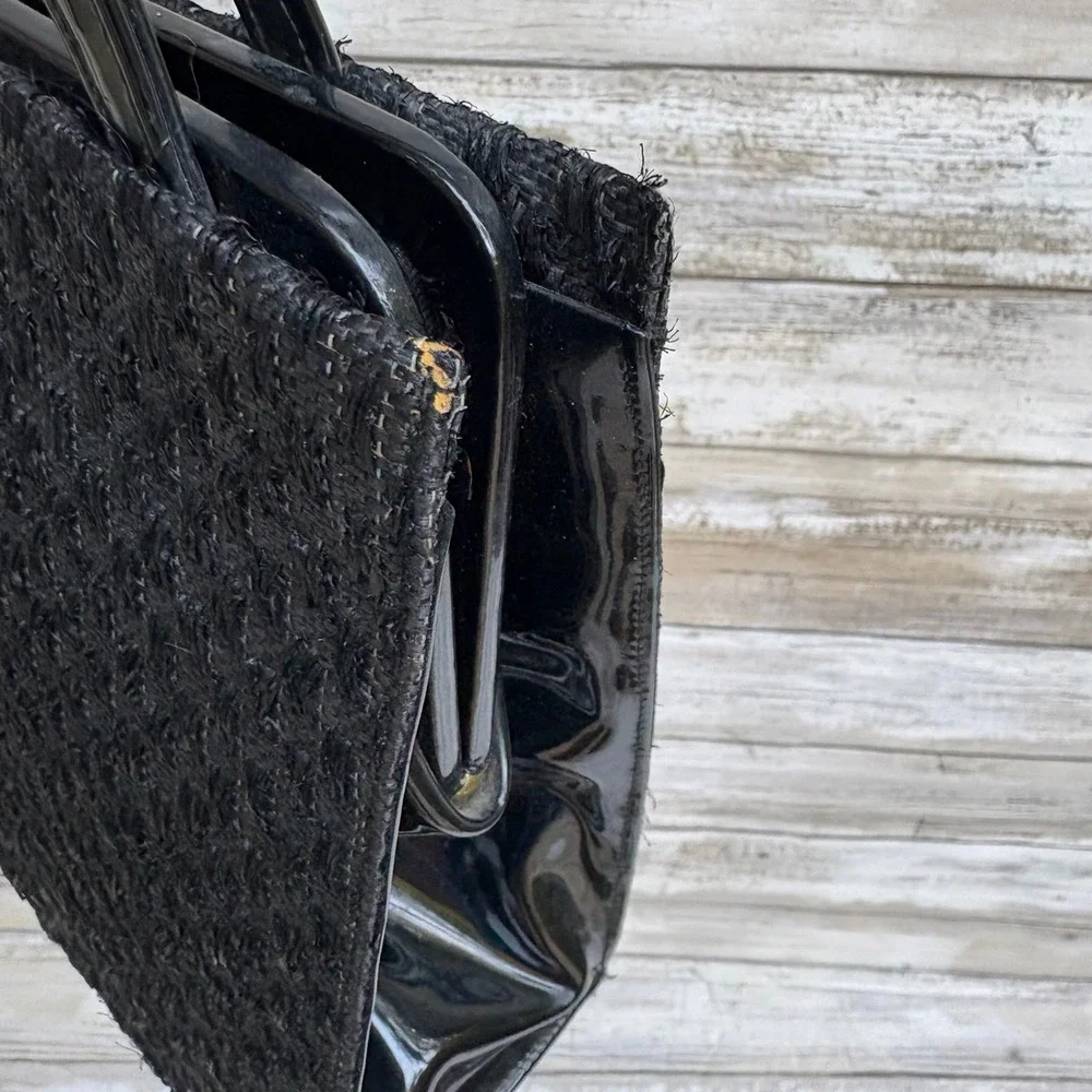 VTG Woven Fabric Framed Box Purse Handbag Small Black Gold Clasp 50s 60s Retro